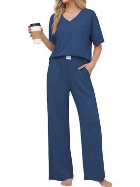 Women's Navy Cotton Short Sleeve Sleepwear Pant Pockets Pajama Set